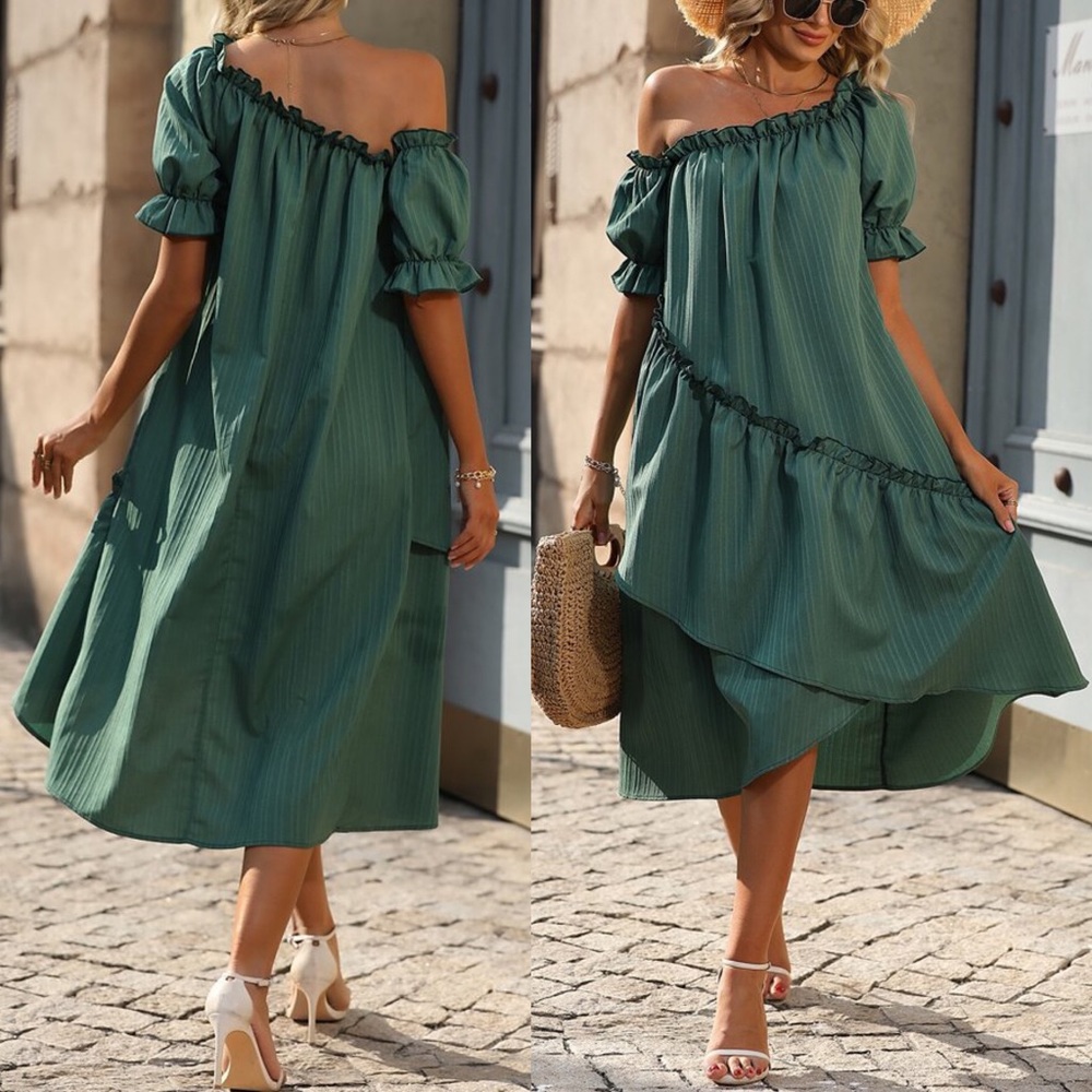 🍃 BOHO GREEN ASYMMETRICAL RUFFLE LOOSE FIT DRESS! - Picture 3 of 7